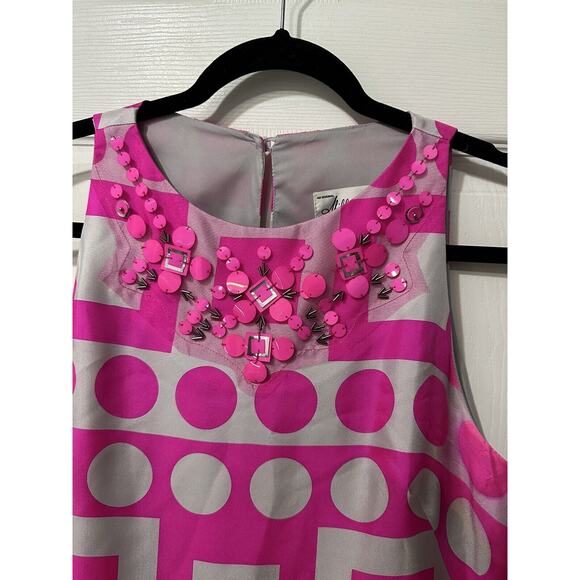 Milly of NY Color Block Geometric Fushia Pink Gray Sequins Mesh Silk Sz 8 Dress - Picture 2 of 7